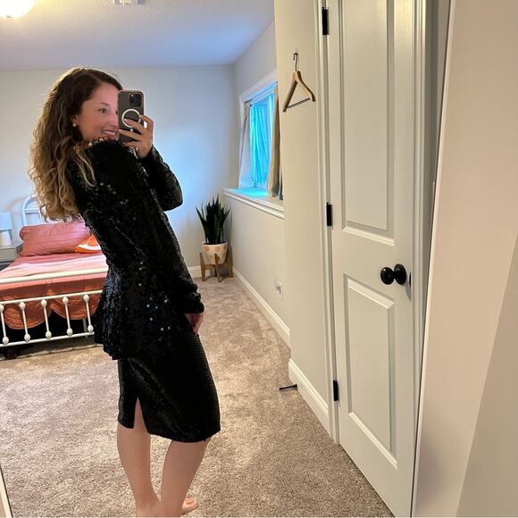 Vintage Swee Lo Black Gem Sequin Long Sleeve Mini Dress Medium - Picture 2 of 11